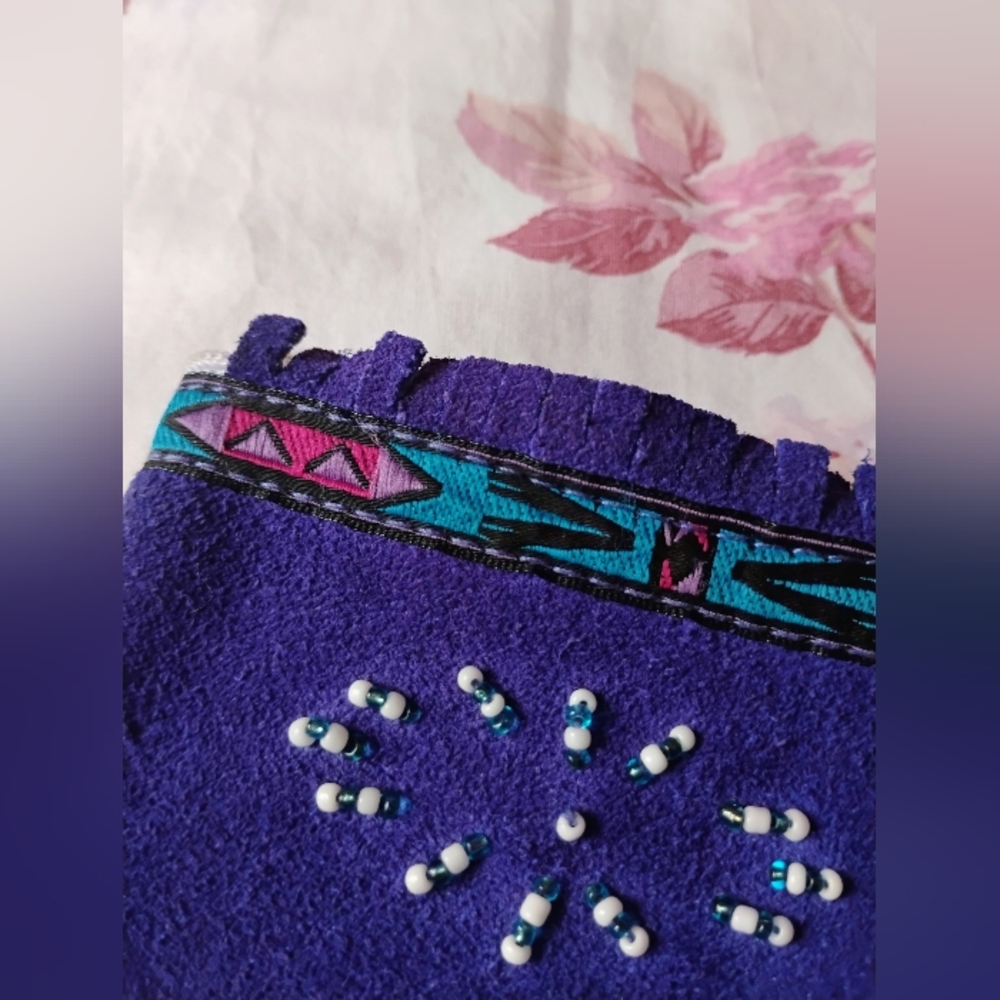 Purple & Grey Suede Coin Purse With Beaded & Colorful Embroidered Accents